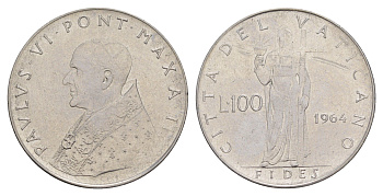 Ватикан 100 лир 1964 Павел VI KM 82 нержавеющая сталь UNC 4648-137