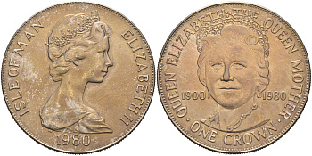 Остров Мэн 1 крона 1980 80 лет королеве Елизавете, королеве-матери KM 68 медно-никель UNC 4558-822