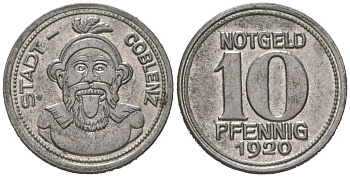 Кобленц 10 пфеннигов 1920 Funck 80.3, Men05 4526.8, Men18 5727.8 железо aUNC 55-627