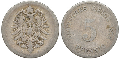Германия 5 пфеннигов 1876 E, старогербовка KM 3, J. 3 медно-никель 51-3223