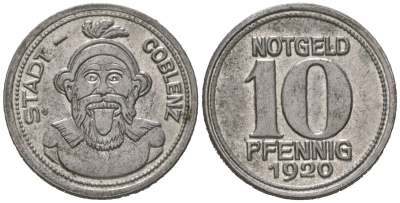 Кобленц 10 пфеннигов 1920 Funck 80.3, Men05 4526.8, Men18 5727.8 железо aUNC 55-627