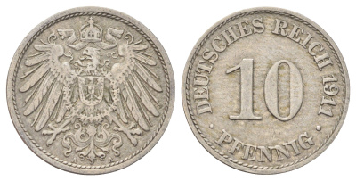 Германия 10 пфеннигов 1911 A KM 12, J. 13 медно-никель 4701-1126