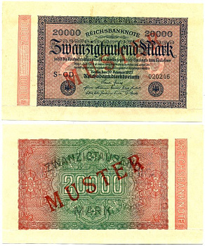 Германия 20000 марок 1923 MUSTER, образец, диагональная красная надпечатка Pick 85, Ros. 84е бумага 451-91-2