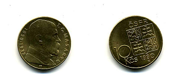 ЧЕШСКАЯ И СЛОВАЦКАЯ ФЕДЕРАТИВНАЯ РЕСПУБЛИКА 10 КРОН 1990 МАСАРИК KM 139.1 никель бронза UNC 176-323