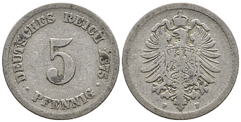 ГЕРМАНИЯ 5 ПФЕННИГОВ 1875 F, СТАРОГЕРБОВКА KM 3, J. 3 медно-никель 39-343