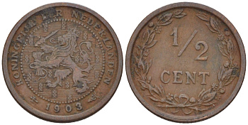 НИДЕРЛАНДЫ 1/2 ЦЕНТА 1903 ВИЛЬГЕЛЬМИНА (1890-1948) KM 133 бронза 39-147