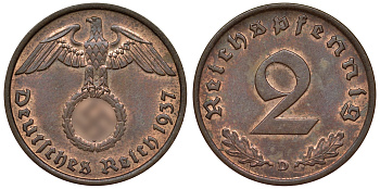 Германия 2 рейхспфеннига 1937 D KM 38, J. 362 алюминиевая бронза 4121-617