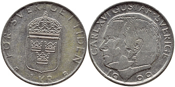 Швеция 1 крона 1999 Карл XVI Густав (1973- ) KM 852a медно-никель 4385-841
