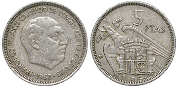 Испания 5 песет 1957 (72) Франсиско Франко (1939-1975) KM 786 медно-никель 4513-943