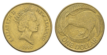 Новая Зеландия 1 доллар 1990 Елизавета II (1952-2022), птица киви KM 78 алюминиевая бронза 4652-247