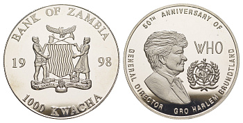 Замбия 1000 квач 1998 50 лет Всемирной организации здравоохранения KM 300 медно-никель BU 603-1434