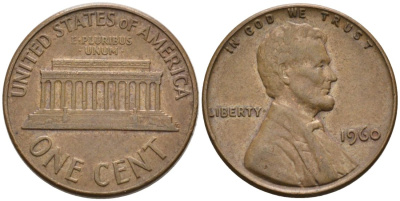 США 1 цент 1960 Линкольн KM 201 медь цинк 4564-341