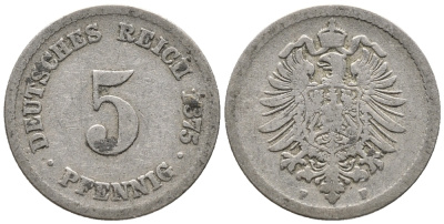 ГЕРМАНИЯ 5 ПФЕННИГОВ 1875 F, СТАРОГЕРБОВКА KM 3, J. 3 медно-никель 39-343
