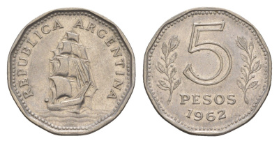 Аргентина 5 песо 1962 фрегат "Президент Сармьенто" KM 59 сталь плакированная никелем 4655-1035