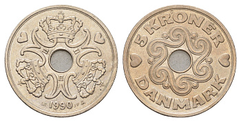 Дания 5 крон 1990 Маргрете II (1972-2024) KM 869 медно-никель UNC 175-1225