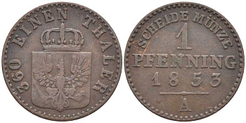 ПРУССИЯ 1 ПФЕННИГ 1853 А, ФРИДРИХ ВИЛЬГЕЛЬМ IV (1840-1861) KM 451 медь 201-534