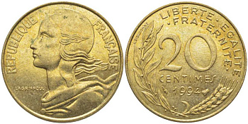 ФРАНЦИЯ 20 САНТИМОВ 1994 ТИП MARIANNE KM 930, LE FRANC 156.38 медь алюминий никель 175-913