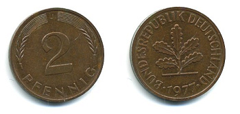 ФРГ 2 пфеннига 1977 J KM 106а, J.381а сталь плакированная медью 3999-1147