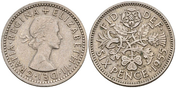 Великобритания 6 пенсов 1955 Елизавета II (1952-2022) KM 903, Spink 4149 медно-никель 4154-235