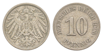 Германия 10 пфеннигов 1906 E, Вильгельм II (1888-1918) KM 12, J. 13 медно-никель 4640-266