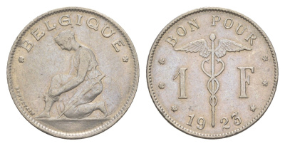 Бельгия 1 франк 1923 Belgique, Альберт I (1909-1934) KM 89 никель 4538-1216