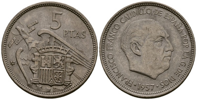 Испания 5 песет 1957 Франсиско Франко (1939-1975) KM 786 медно-никель 4176-441