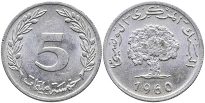 ТУНИС 5 МИЛЛИМОВ 1960 ДУБОВОЕ ДЕРЕВО KM 282 алюминий 3336-823