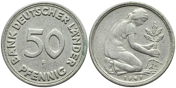 ФРГ 50 пфеннигов 1949 F KM 104, J. 379 медно-никель 4392-1023