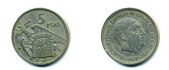 ИСПАНИЯ 5 ПЕСЕТ 1957 (63) ФРАНСИСКО ФРАНКО ДИКТАТОР ИСПАНИИ (1939-1975) KM 786 медно-никель 59-1734