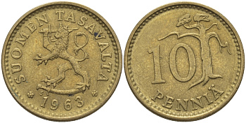 ФИНЛЯНДИЯ 10 ПЕННИ 1963 S KM 46 алюминиевая бронза 100-168