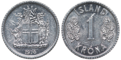 Исландия 1 крона 1976 KM 23 алюминий 4124-453