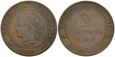 Франция 2 сантима 1889 A, Третья республика (1871-1940) KM 815.1, Le Franc 135.34 бронза 4124-137