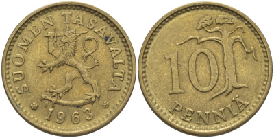 ФИНЛЯНДИЯ 10 ПЕННИ 1963 S KM 46 алюминиевая бронза 100-168