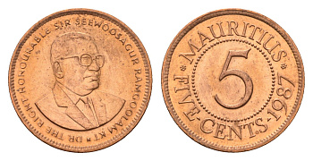 Маврикий 5 центов 1987 KM 52 сталь плакированная медью UNC 4679-616