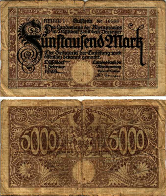 ДЮССЕЛЬДОРФ 5000 МАРОК 1923 1 ФЕВРАЛЯ 1923, REIHE I, НОТГЕЛЬД, БАНК RHEINPROVINZ бумага 7219-4-2