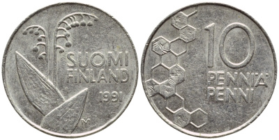 ФИНЛЯНДИЯ 10 ПЕННИ 1991 ЛАНДЫШ KM 65 медно-никель 4383-447