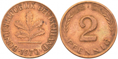 ФРГ 2 ПФЕННИГА 1970 J KM 106a, J.381a сталь плакированная сталь плакированная медьюю 4396-1562