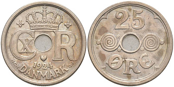 Дания 25 эре 1924 NCN; GJ Кристиан X (1912-1947) KM 823.1 медно-никель 186-1232