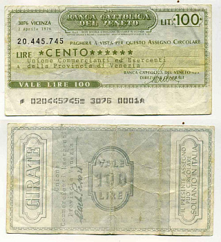 Италия чек на 100 лир 1976 Banca cattolica del veneto, союз торговцев И участников провинции венеция, 2 апреля 1976 бумага 8588-13-1-1