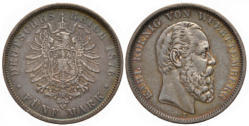 Вюртемберг 5 марок 1876 F, Карл (1864-1891), старогербовка Weege 169, J. 173, KM 623 серебро 00-822-43