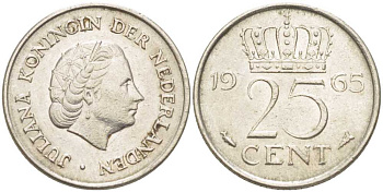 Нидерланды 25 центов 1965 Юлиана (1949-1980) KM 183 никель 214-942