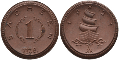 Саксония 1 марка 1921 парусник J. N 55 фарфор 1094-3-74