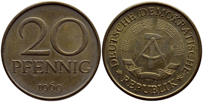 ГДР 20 пфеннигов 1969 А, первый год KM 11 латунь UNC 4398-1122