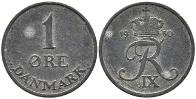 ДАНИЯ 1 ЭРЕ 1950 N; S, ФРЕДЕРИК IX (1947-1972) KM 839.1 цинк 100-664