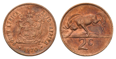 ЮАР 2 цента 1970 герб, антилопа гну KM 83 бронза 4114-633