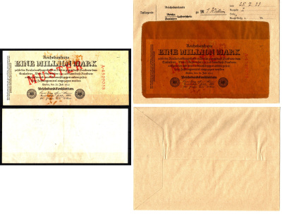 Германия 1000000 марок 1923 острые буквы, 25 июля, MUSTER, образец, Specimen. В оригинальном банковском конверте. Из коллекции Отто Сейфферта (помощник Ялмара Шахта - министра экономики Германии и президента Рейхсбанка времен третьего рейха) Pick 94 s, Gr