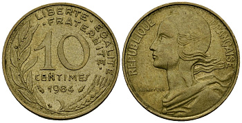 Франция 10 сантимов 1984 тип Marianne KM 929 алюминиевая бронза 4136-423