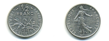 Франция 1/2 франка 1972 сеятель KM 931.1, LE FRANC 198.11 никель 80-869