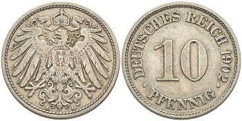 ГЕРМАНИЯ 10 ПФЕННИГОВ 1902 А KM 12, J. 13 медно-никель 210-641