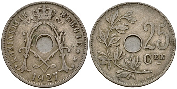 Бельгия 25 сантимов 1927 Belgie KM 69 медно-никель 33-1142